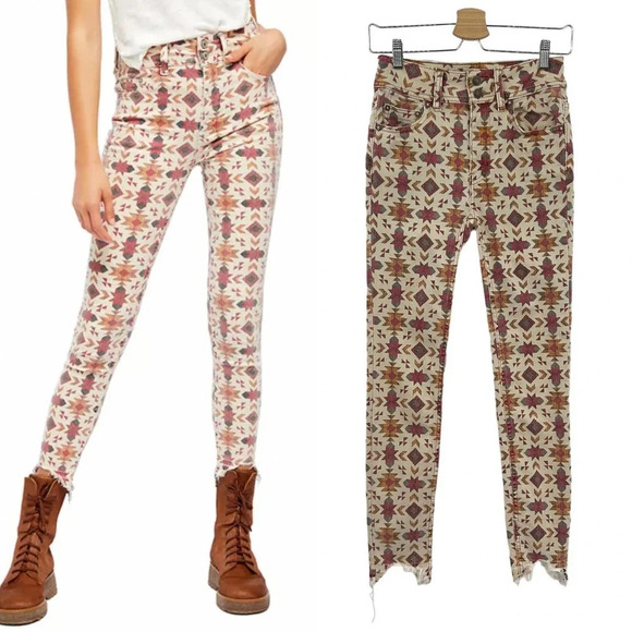 Free People Denim - Free People Wild Child Skinny‎ Jeans Geometric Printed Aztec Size 25